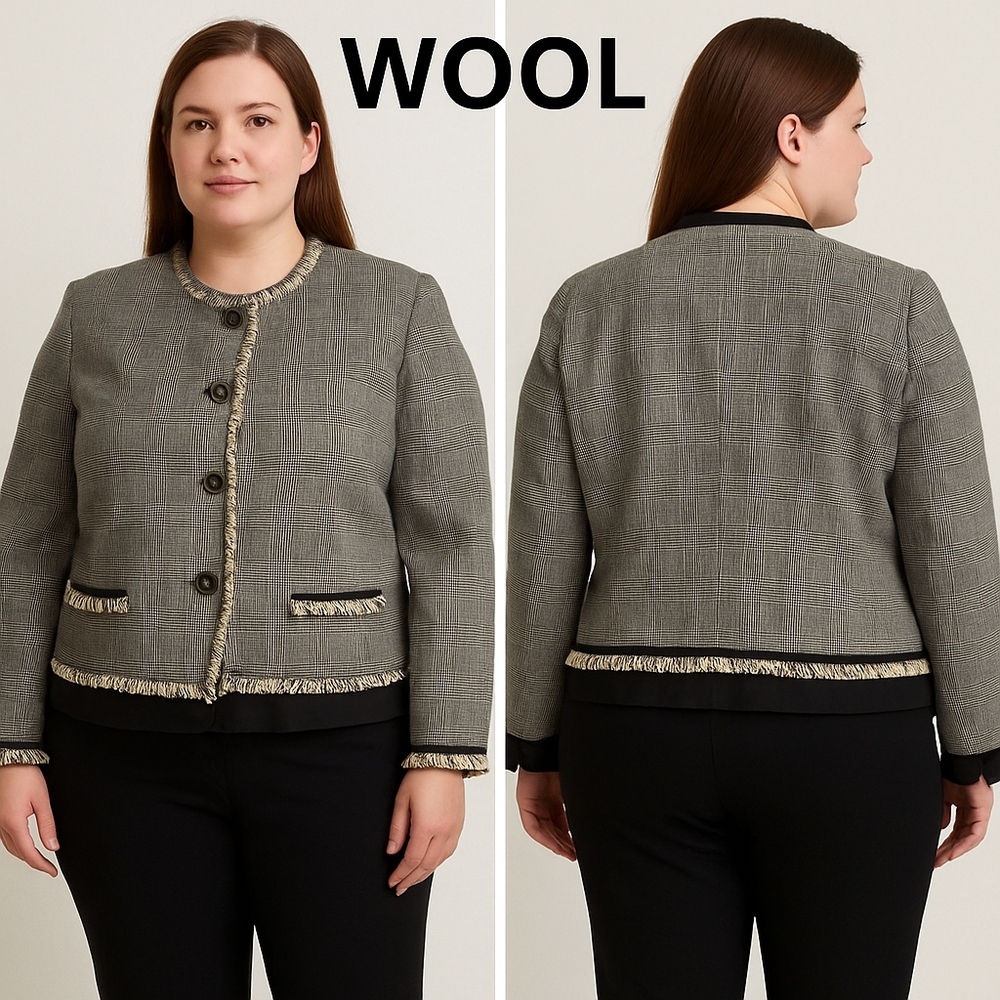 Harvé Benard 100% Wool Blazer Jacket Women’s Size 16 Gray Plaid Fringe Trim